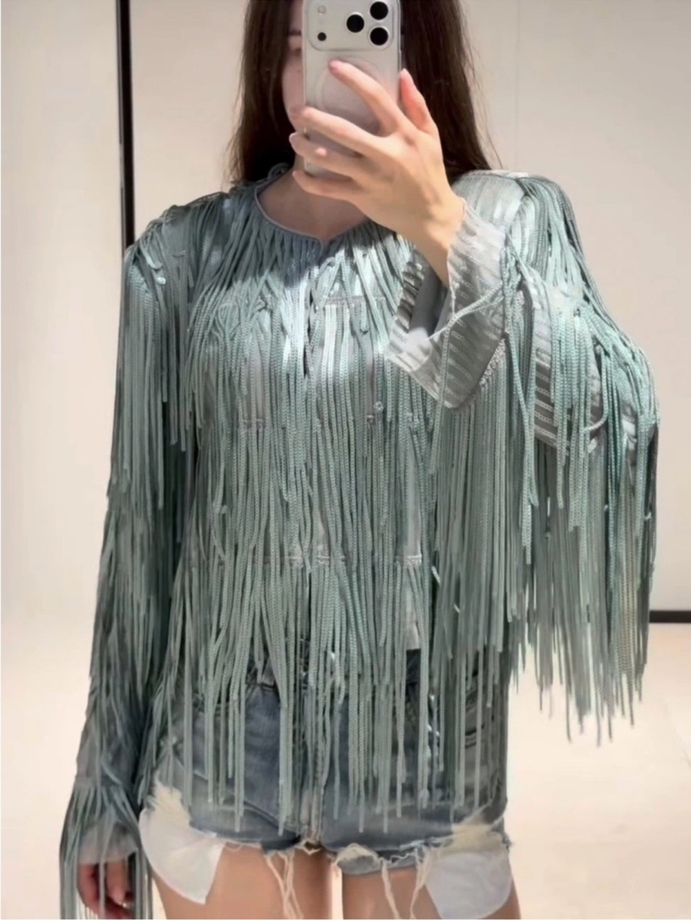 Zara ZW Collection Fringed Sequin Jacket in Silver-Stone - Picture 7 of 14